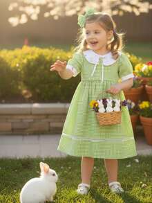 Hortênsia Girl's Dress With Puff Sleeves And Peter Pan Collar, Easter Striped And Checkered Pattern. - Green - View 3