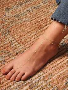 A Gold Bead Y-Shaped Chain Layered Ankle Chain, Bohemian Style Personalized Toe Chain Versatile Accessory - Round Anklet - View 2