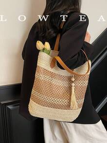 low tea 1 pieza Bolso de playa de paja con bloques de color, bolso de hombro de moda retro para mujer, diseño de doble asa superior, cierre con cremallera, adecuado para viajes, compras, citas, regalo para mujer, muy apropiado para ir a la oficina, actividades al aire libre, viajes, senderismo, salidas - Blanco - Ver 7