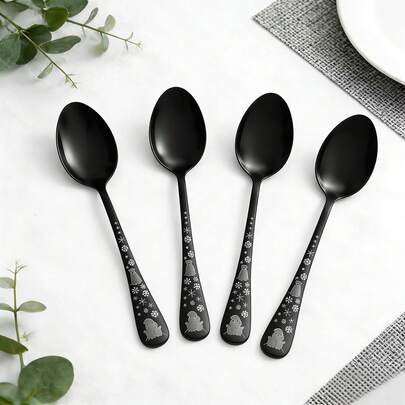 4/8 piezas Cubertería negra de acero inoxidable, Lindos cucharas de café con diseño de dibujos animados, Cucharas de postre y de té con acabado espejo, Adecuado para cocina, comedor y cafetería, Excelente para regalos de Navidad, San Valentín y cumpleaños