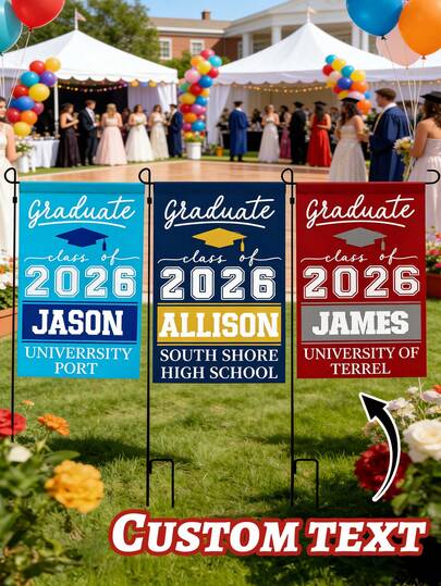 1 pieza Bandera de jardín personalizada con texto "Clase de 2026", bandera de graduación personalizada "Graduado" con nombre y nombre de la escuela, bandera de banner de graduación personalizada multicolor para el patio, el césped y el porche, suministros para fiestas de graduación, decoración del hogar, la mejor graduación regalo para graduados, padres y maestros, regalos personalizados