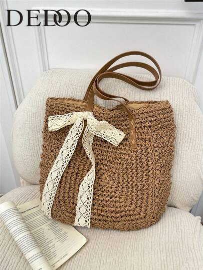 Dedoo Soft Resort-Style Lace Bow Straw Tote Bag For Spring And Summer, Pastoral Large-Capacity Underarm Bag, Suitable For Seaside Vacations, Essential Shoulder Bag For Outings
