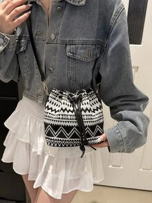 女士小号单肩包 波西米亚印花抽绳水桶包 斜挎包 长肩带 - 黑色 - 查看 6