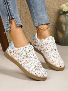 2026 New Women's Ditsy Floral Flat Lace-Up Round Toe Casual Shoes, Campus Style - Red - View 1