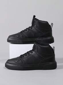 男士高帮平底运动鞋，系带纯色男士户外滑板鞋，2024新款男士休闲鞋，适合户外活动、约会、四季穿着 - 黑色 - 查看 1