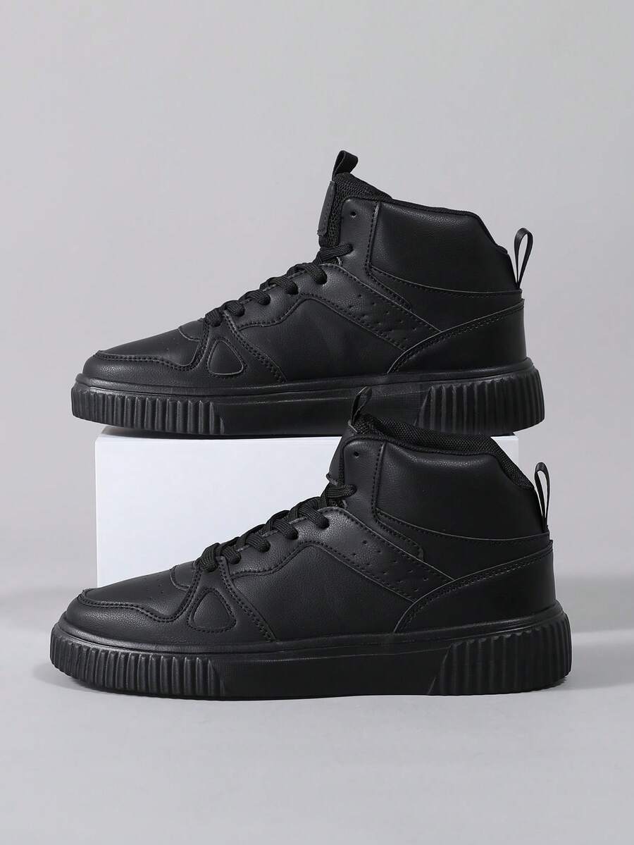 男士高帮平底运动鞋,系带纯色男士户外滑板鞋,2024新款男士休闲鞋,适合户外活动、约会、四季穿着 - 黑色 - 查看 1