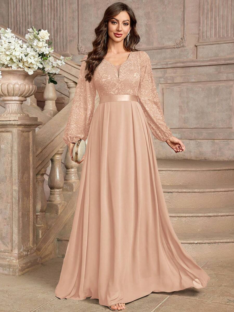 MIUSOL Elegant Floral Lace Deep V-Neck Lantern Sleeve Ruffle Hem Maxi Dress Party