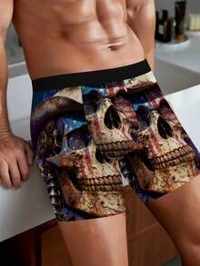 1pc Cyberpunk Mechanical Skull Print Boxer Briefs, Stretchy Soft Fabric, Funny Gift Trunks, Personalized Men's Underwear - Black - View 5