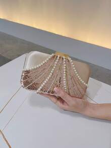 Women's Fashionable Sequined Pearl Evening Bag, Wedding Party Clutch For Socialites - Champagne - View 3