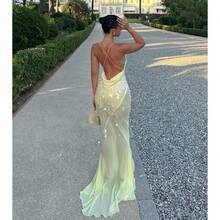 Temperament Skinny V-Neck Sexy Suspender Backless Slim Bead Fish Tail Dress Long Dress - vàng nhạt - Xem 5