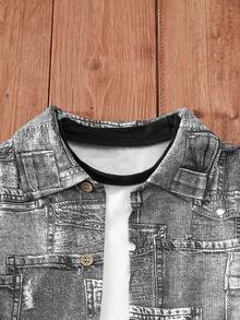 Set de 2 piezas de camisa de manga corta con estampado de denim falso + pantalones cortos para niños pequeños/niños, conjunto de verano para exteriores - Negro - Ver 3