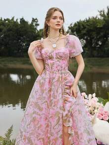 Faeriesty 浪漫花卉礼服，公主袖和心形领口——复古风格的精致薄纱层叠，侧边荷叶边垂坠，完美契合梦幻花园和复古风格的新娘活动，粉色派对婚礼 - 粉色 - 查看 1