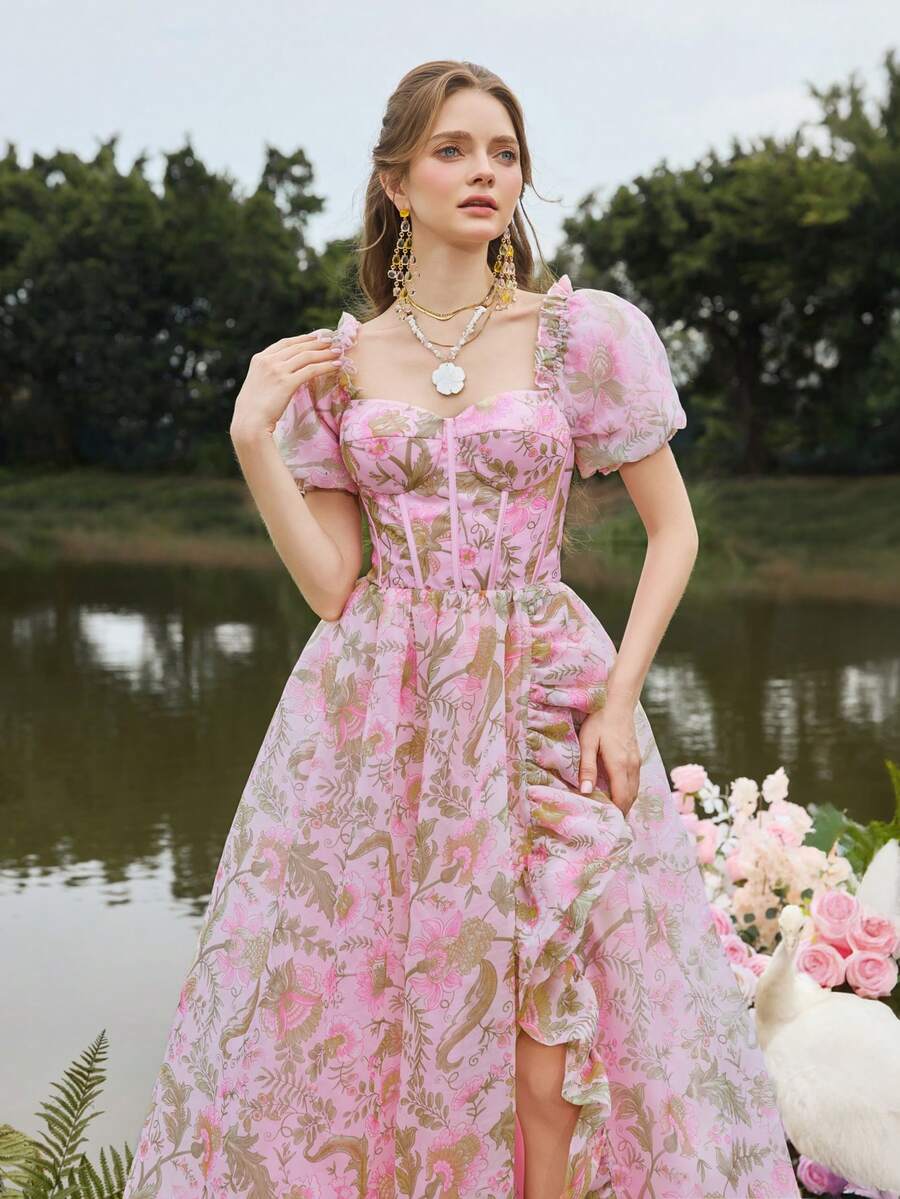 Faeriesty 浪漫花卉礼服，公主袖和心形领口——复古风格的精致薄纱层叠，侧边荷叶边垂坠，完美契合梦幻花园和复古风格的新娘活动，粉色派对婚礼 - 粉色 - 查看 1