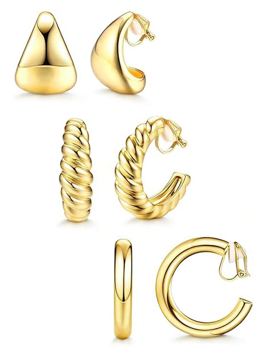 1/3对女士夹式耳环，低过敏性14K镀金粗管状牛角包水滴夹式耳环套装，假耳环，无需耳洞即可佩戴 - 金色 - 查看 1