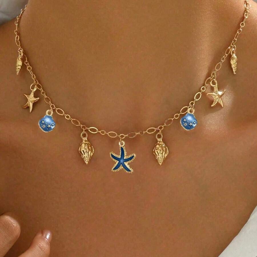 1pc New Creative Ocean Style Starfish & Shell Minimalist Necklace Pendant, Fashionable Versatile Daily Wear - Multicolor - View 1