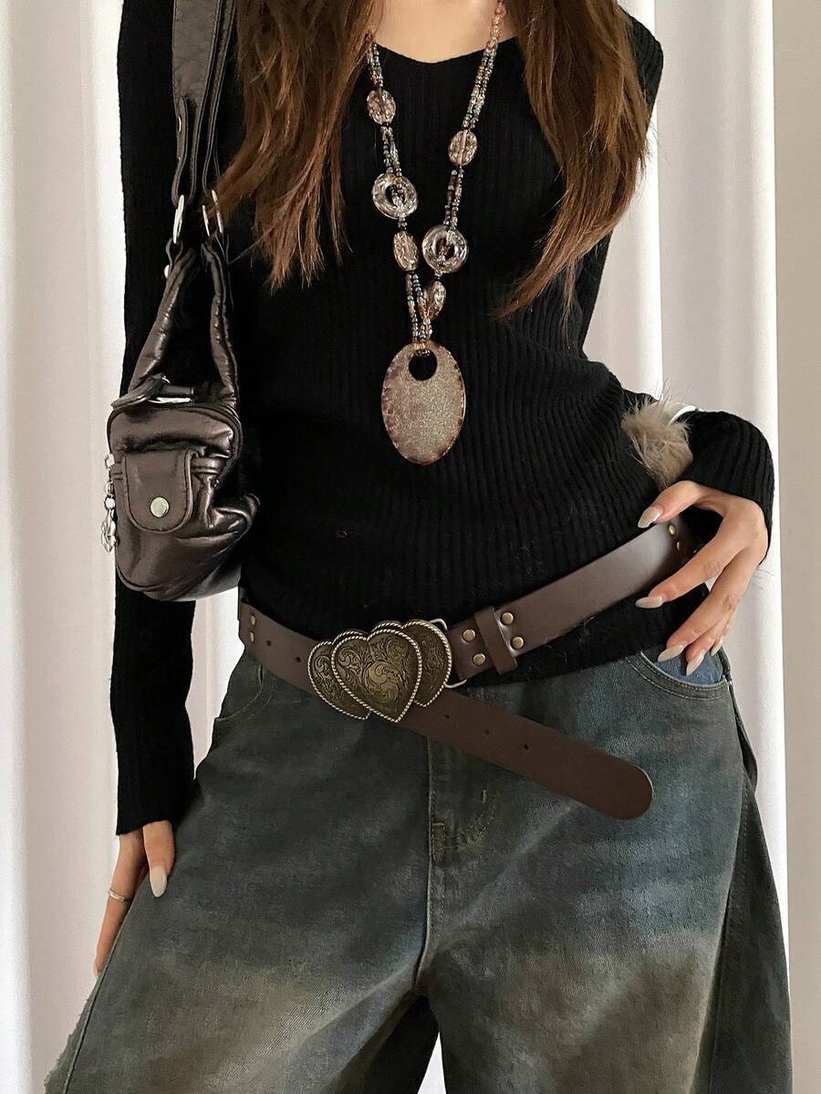 1 pièce Ceinture de taille en PU avec boucle en forme de cœur personnalisée,  de lapin, style rétro, couleur café, pour femmes - Café - Voir 1