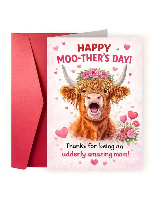 1pc Highland Cow Pun Mothers Day Card | Udderly Amazing Mom Floral Hearts Cute Farm Animal Greeting Card For Wife Mom Her Gift Card