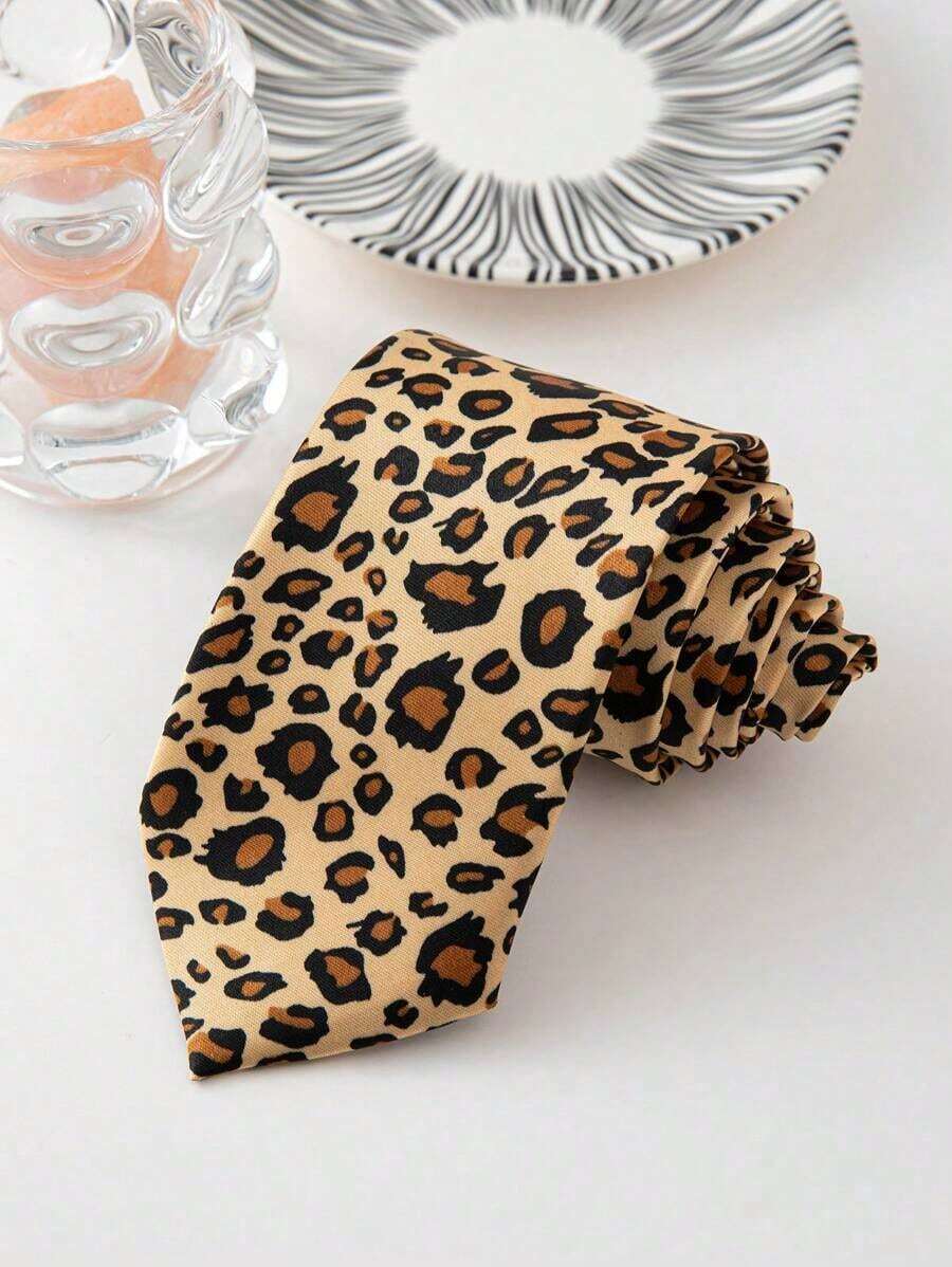 1pc Men's Fashion Leopard & Stripe Floral Jacquard Tie, Formal Wear Men Necktie - Camel - View 1