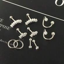 10 piezas Pendientes de aro pequeños en espiral de acero inoxidable de 16G, pendientes de aro unisex con circonita cúbica para perforación del cartílago de la oreja - Modelo plateado - Ver 3