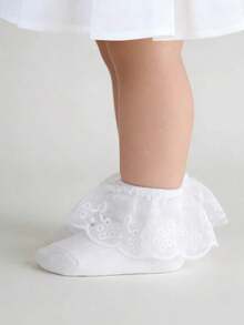 3 Pairs Random Floral Lace White Socks, Floral Embroidery Mesh Ruffle Trim Princess Socks, Elegant High-End Student Socks - White - View 6