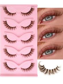 Rikuaild 5 Pairs Reusable Brown Curling Cat Eye Eyelash, Clear Band Natural Invisibility Lightweight Fox Eye Lashes, Brown False Eyelashes Faux Mink Lashes Fluffy Strip False Lashes Natural Look Eyelashes Lash Extension Wedding Travel DatIing Makeup - 眼尾拉長款 - 查看 6