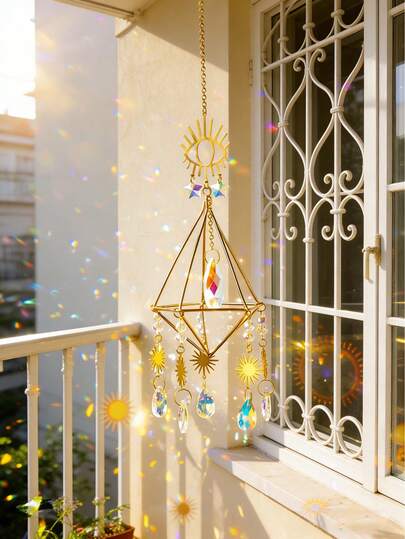 1pc Gold Geometric Air Plant Holder, Metal Titanium Tillandsia Moss Plant Stand With Crystal Prism, Air Plant Hanging Planter, Boho Home Garden Decor, Light Reflecting Ornament, Modern Wall Ceiling Hanging, Succulent & Air Plant Display, Minimalist Home Accent, Gift For Plant Lovers, Indoor Planting Decor