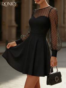 DONICY Women's Black Polka Dot Mesh Puff Sleeve A-Line Dress, Short Skirt, Elegant Style Suitable For Spring And Summer - Black - View 6