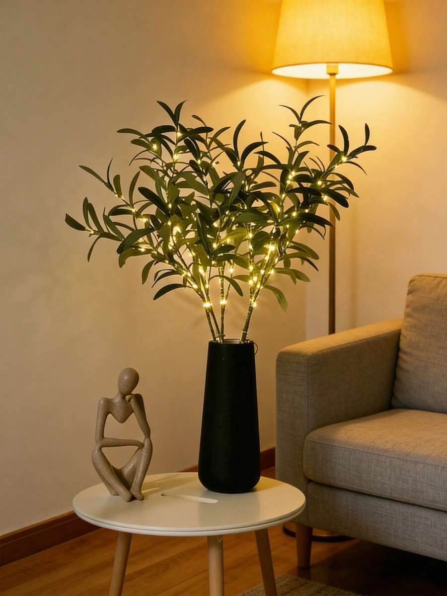 1pc LED Simulated Olive Branch Copper Wire Tree Light, Creative Home Decor To Create Holiday Atmosphere, Olive Branch LED Light With Small Fairy Lights, Artificial Green Tree Suitable For Modern Holiday Home Decor - Perfect For Wedding, Birthday Party, Cafe, Tabletop (Battery Operated) - Warm white light - View 1