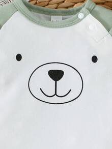 3pcs Baby Outfit Set, Newborn Bear Design Short Sleeve Bodysuit (With Snap Closure Collar) + Shorts + Ear Hat, Suitable For Infant Daily Wear - Mint Green - View 7