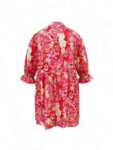 Plus Size Elegant Red Floral Print High Waist V-Neck Mini Dress Spring Vacation - Multicolor - View 7