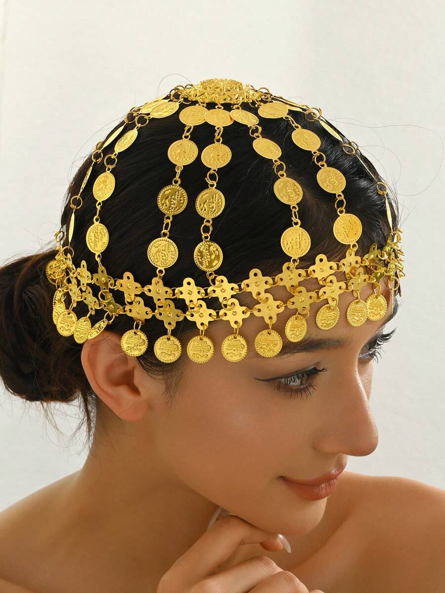 1pc Arabic Style Women's Headpiece Accessory, Gold-Plated Coin Tassel Design, Middle Eastern Bridal Hair Decoration - One Size - View 1