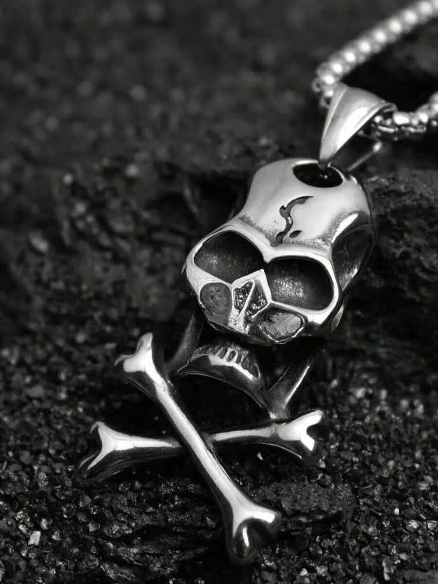 Collar con colgante de calavera y huesos cruzados, estilo gótico punk para hombres - Plateado - Ver 1
