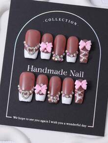 10片/套，欧美手工制作，中国产亚克力片，Y2K粉色法式风格，手绘线条粉色蝴蝶结和钻石图案美甲装饰。包含1片果冻胶和1把指甲锉。非常适合日常佩戴，也适合科切拉音乐节等场合的造型，是美甲压制和美甲护理的理想之选。 - 粉色 - 查看 3