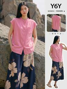 Y6Y New Summer Women Pink Open Front Button Minimalist Blouse Shirt - Pink - View 10