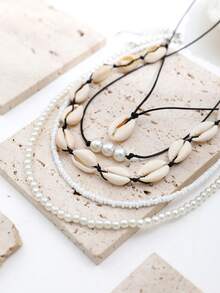 Set de 5 collares de estilo bohemio para vacaciones en la playa, collares multicapa de perlas falsas para mujeres - Negro - Ver 2