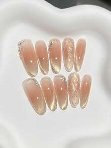 10pcs Handmade Nails Oval Nails Acrylic Press On Nails Long, Gentle Nude Pink Nails, Flashy Cateye, Handpainted Irregular Glitter Powder Check Pattern, Nail Gems Small Stone Diamond Inlaid, Minimalism Edgy Elegant Simple Spring Nails, Summer Press On Nails, Party Daily & Dating Use Beach Tropical Getaway Suitable,DIY False Nail Art Suitable For Women & Girls As Gift Nail Supplies - Pink - View 3