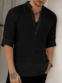 Camisa casual de lino para hombre - Negro - Ver 4