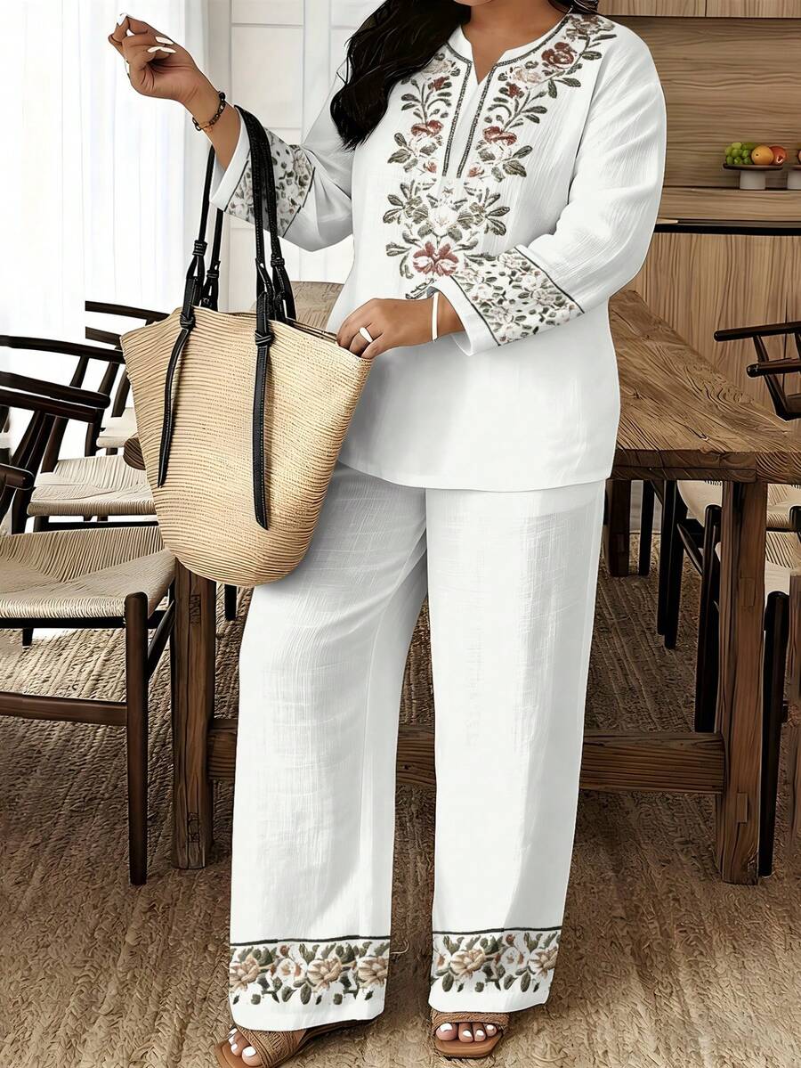 1 Set Retro Woven Small V-Neck Long-Sleeve Wide-Leg Pants Women's Plus Size Set For Summer Home & Birthday Gift, With White Base Floral Embroidery Print - Nhiều màu - Xem 1