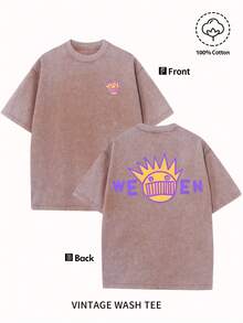 Men's 'WEEN' Pattern Pink Retro Sun Burst Design, Soft Washed Cotton, Round Neck Short Sleeve Summer Casual Streetwear, Machine Washable Unisex Vintage Washed Cotton Short Sleeve T-Shirt,Vintage Washed Tee,Gender Neutral Faded Easter Egg Graphic Crew Neck Tee - 咖啡棕 - 查看 7