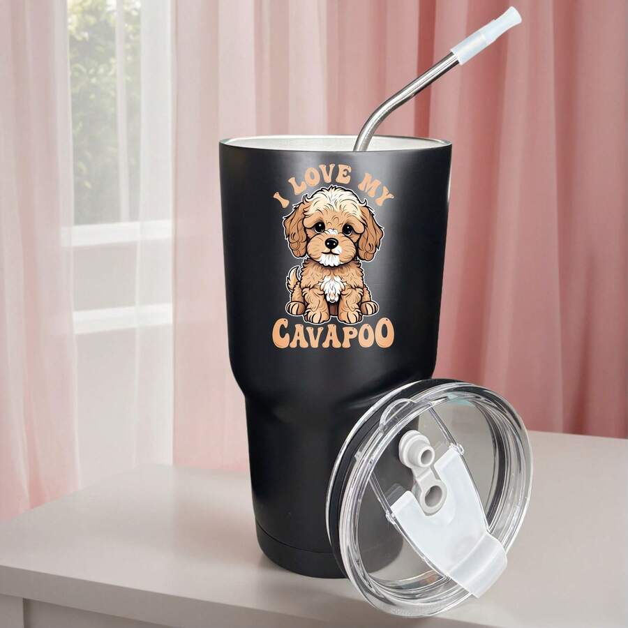 30oz Stainless Steel Tumbler Black White Options, I Love My Cavapoo Dog Print Graphic Cups, Insulated Travel Coffee Mug With Lid And Straw , Double Wall Vacuum Reusable Travel Cups, Funny Birthday Party Gift For Women & Men - 黑色 - 查看 1
