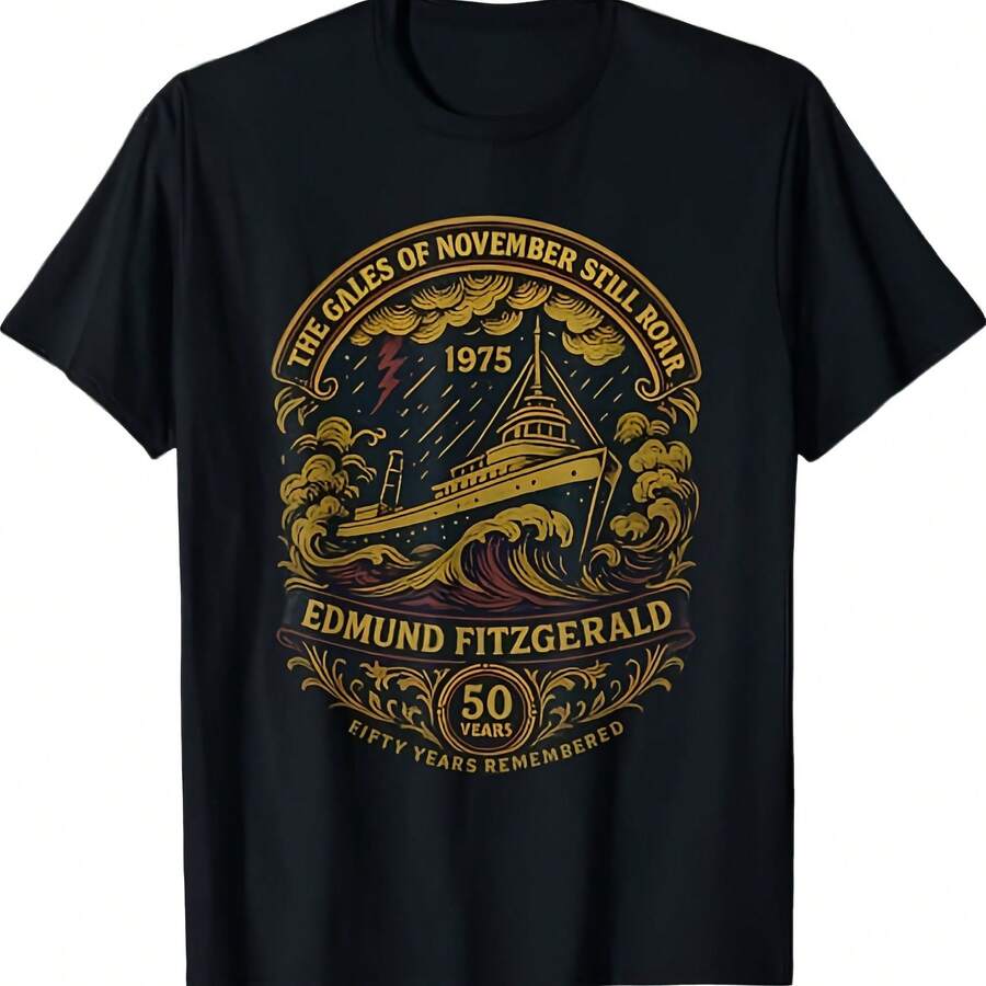 Edmund Fitzgerald Ship 1975 Annrsary Great Lakes Tribute T-Shirt - Black - View 1