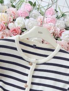 Áo khoác cardigan dệt kim cổ tròn kẻ sọc thanh lịch, áo len thường ngày đa năng, áo khoác công sở phong cách retro dành cho nữ, mùa thu. - Màu xanh hải quân - Xem 8