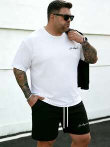Plus Size Men's Simple Crew Neck Short Sleeve Top And Shorts Set, Casual Summer Outfit - Black and White - View 5