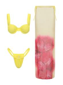 ARA CHIC Damski 3-częściowy komplet bikini w stylu europejskim i amerykańskim, seksowny strój kąpielowy z kwiatowym nadrukiem, strój plażowy, strój kąpielowy na wakacje, zupełnie nowa kolekcja wiosna/lato - Żółty - Zobacz 2