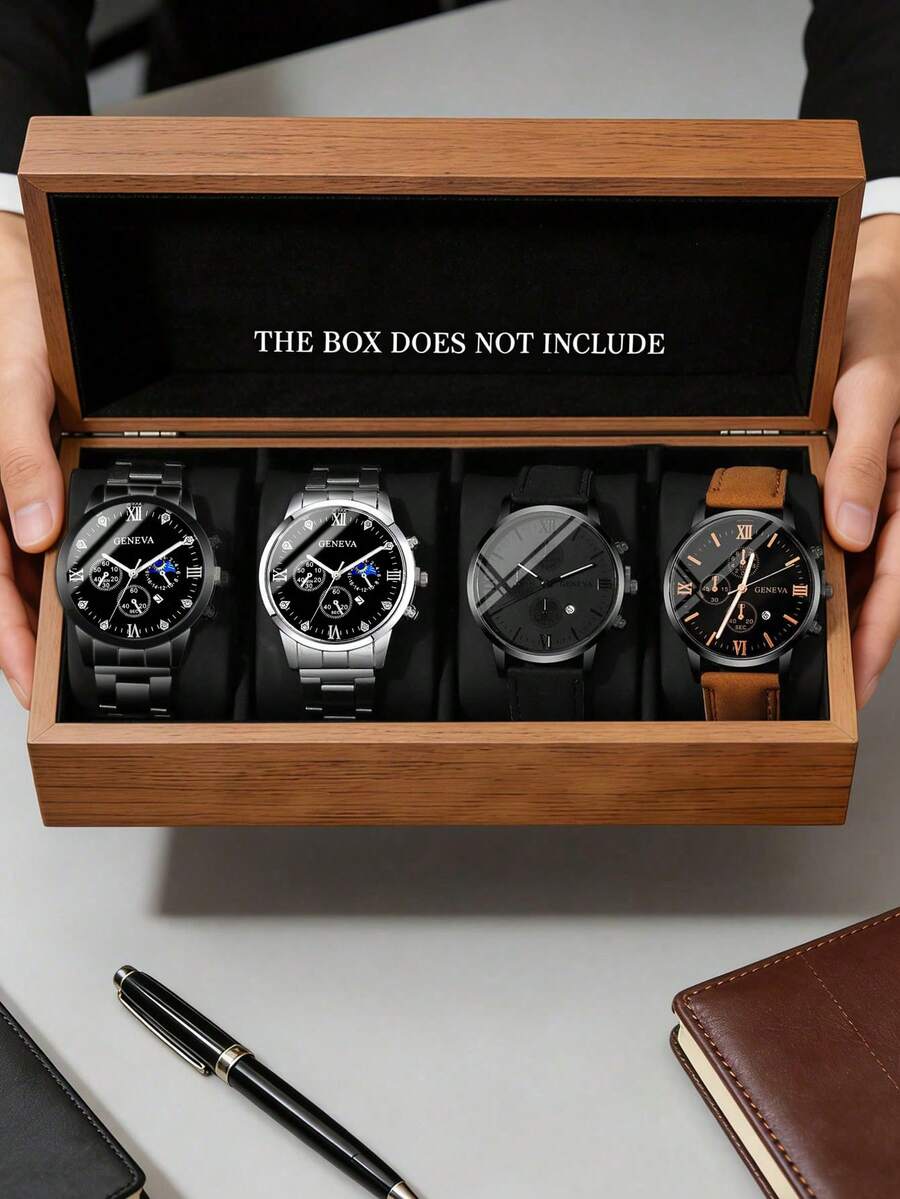 4pcs/Set Minimalist Business Men's Quartz Watch Set, Including Black Metal Band Black Dial Multifunctional Chronograph Quartz Watch, Silver Metal Band Black Dial Multifunctional Chronograph Quartz Watch, Black Leather Band Minimalist Quartz Watch, Brown Leather Band Multifunctional Chronograph Quartz Watch - Multicolor - View 1