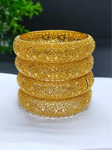 4件套镀金镂空花朵手镯，中东迪拜沙特阿拉伯新娘婚礼派对礼服配饰，情人节母亲节节日礼物，合金手镯 - 金黃色 - 查看 1