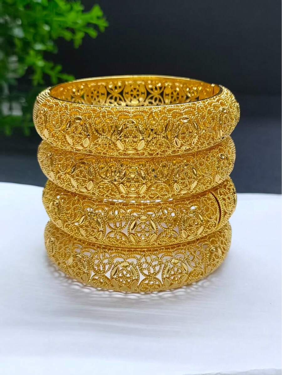 4件套镀金镂空花朵手镯，中东迪拜沙特阿拉伯新娘婚礼派对礼服配饰，情人节母亲节节日礼物，合金手镯 - 金黃色 - 查看 1