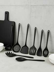 8pcs Silicone Kitchen Cooking Utensil Set, Including Chinese Spatula, Wok Spatula, Soup Ladle, Strainer, Frying Spatula, Pasta Server, Salad Tongs, Honey Dipper, Available In Red And Black Colors - Multicolor - View 4