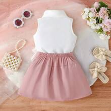 2pcs/Set Baby Girls' Floral Sleeveless Mandarin Collar Top And Pleated Pocket Skirt Casual Outfit, Spring/Summer - Pink - View 3