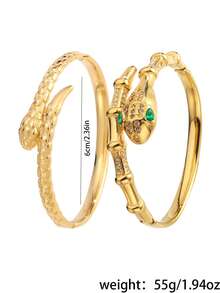 2/1pc Golden Jewelry Set, Stylish And Graceful Stainless Steel Bangle, Crafted For Joyful Dating, Dynamic Party Events, Daily Campus Commutes, And Warm Gifting, With A High-Gloss Polished Surface That Delivers A Sleek And Modern Look, Featuring Two Slim Open Bangles With Distinct Snake Details, Non-Fading And Easy To Maintain, Perfect For Fashion-Loving Students To Enhance Their Style In Classroom, Library Or Party Settings - Gold - View 2
